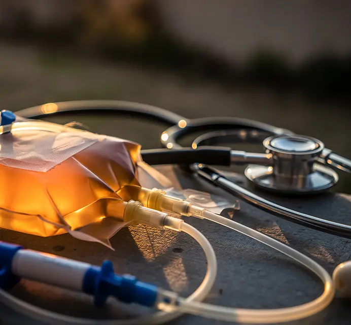 Naissance des soins palliatifs - poche de glucose, cathéter, stéthoscope